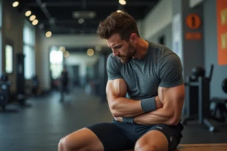 Homme sportif en gym assis se tenant le côté gauche