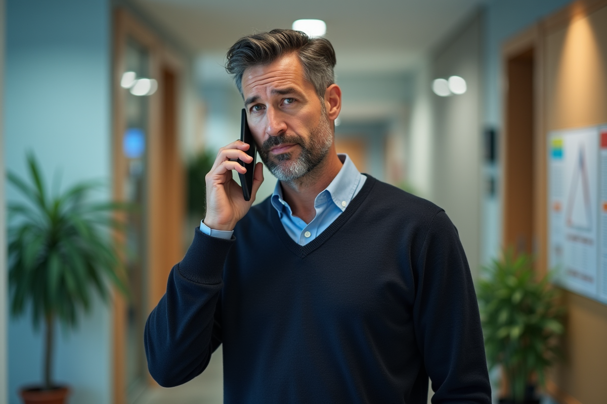 Homme en costume au téléphone dans un couloir de bureau