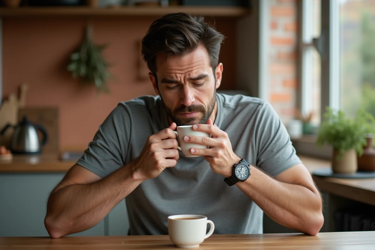 Homme tenant une tasse de tisane apaisante pour soulager les symptômes persistants d'un chakra gorge bloqué