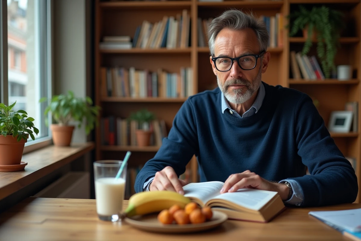 Homme végétarien consultant un guide nutritionnel sur la vitamine D avec des fruits posés sur son bureau