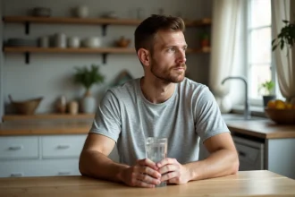 Homme tenant un verre d'eau dans une cuisine moderne, symbolisant une période d'abstinence alcoolique pour réduire le taux de CDT