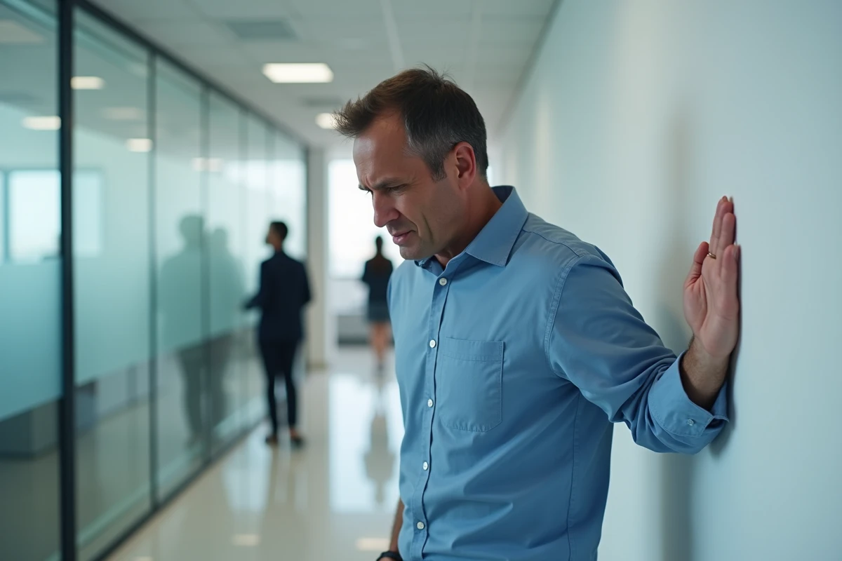 Homme en chemise de bureau s'appuyant contre un mur de couloir, visage crispé, symptôme de vertige soudain en milieu professionnel