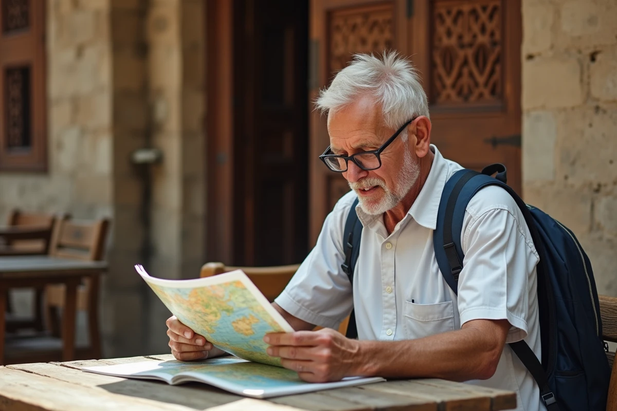 Homme âgé étudiant un guide de voyage à Zanzibar