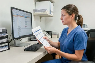 Infirmière en blouse bleue consultant un dossier de soins numérique conforme aux exigences HAS sur un poste informatique en établissement de santé