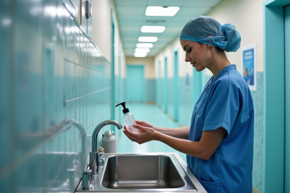 Infirmière en blouse bleue se désinfectant les mains