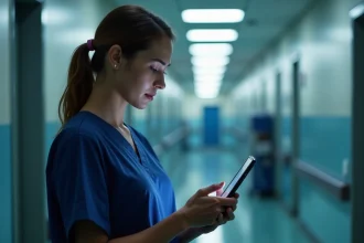 Infirmière de nuit consultant des transmissions ciblées sur une tablette au poste de soins