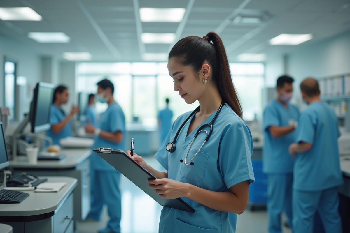 Infirmière prenant des notes à la station de soins