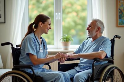 Infirmière rassurant un patient âgé en fauteuil