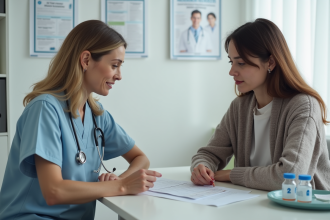 Infirmière expliquant le calendrier de vaccination à une jeune femme
