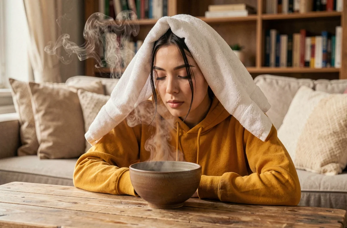 Jeune femme inhalant de la vapeur sous une serviette pour soulager une oreille bouchée due au rhume ou aux allergies