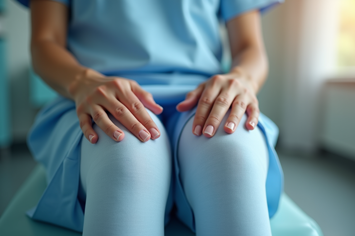 Jambes portant des chaussettes de compression avec une infirmiere qui ajuste le tissu
