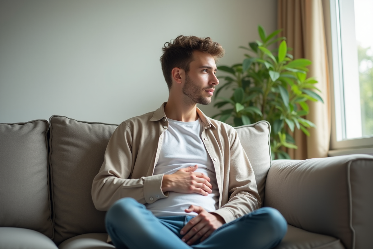 Jeune adulte assis sur un canapé lumineux en salon moderne