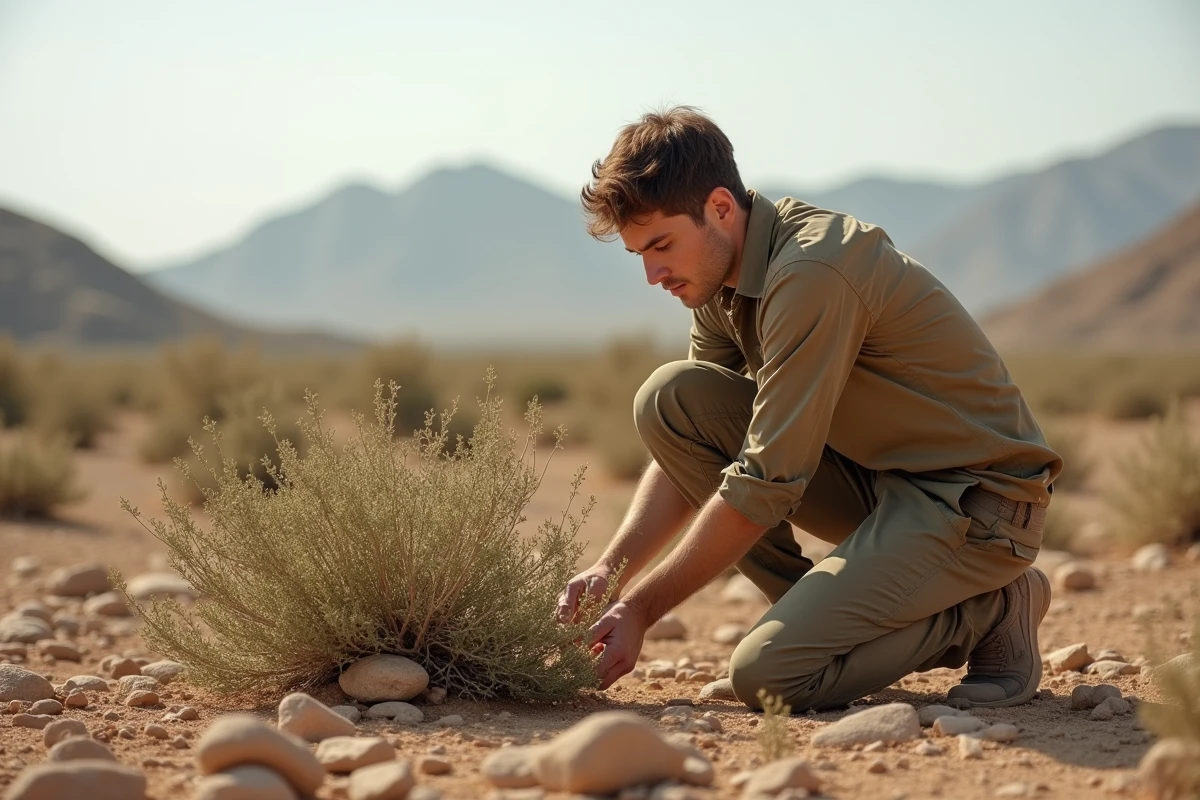 Jeune botaniste inspectant un arbuste de guggul &agrave; l