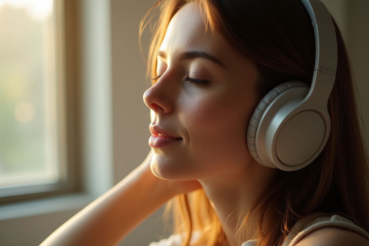 Jeune femme avec écouteurs yeux fermés musique