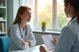 Jeune femme inquiète en consultation médicale féminine