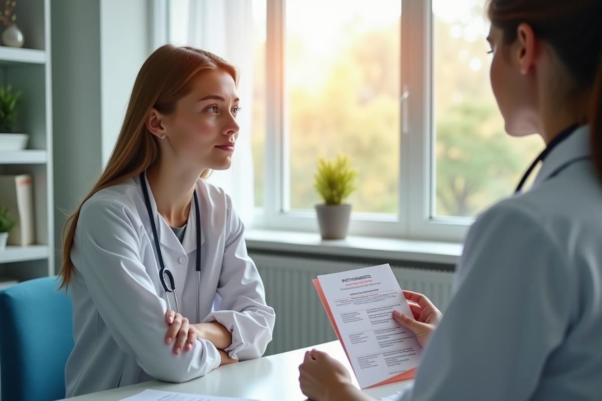 Jeune femme inquiète en consultation médicale féminine