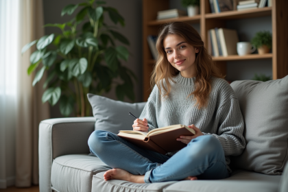 Jeune femme écrivant dans un salon moderne et lumineux
