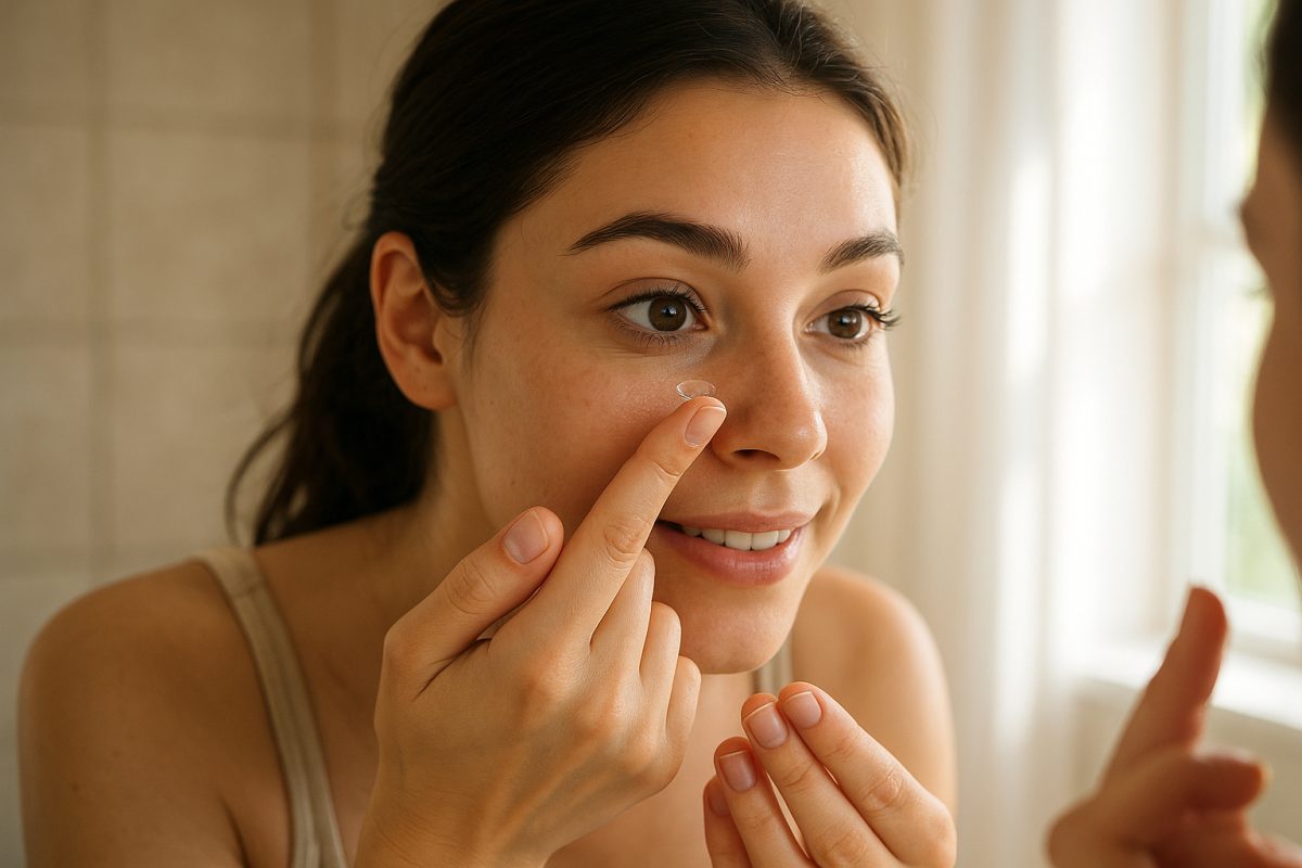 Jeune femme mettant une lentille de contact devant un miroir lumineux