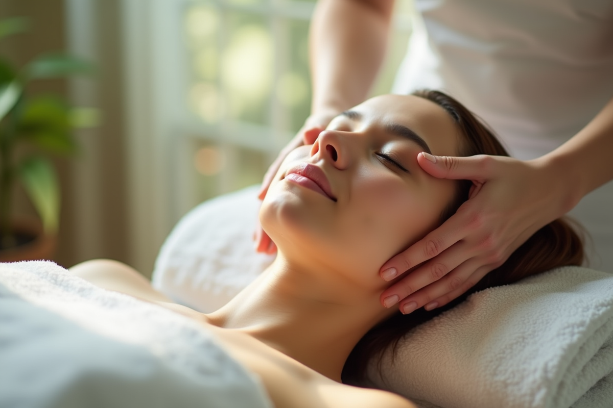 Jeune femme recevant un massage relaxant dans un spa lumineux
