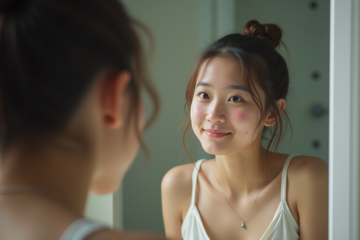 Jeune femme regardant son visage dans le miroir avec une peau claire