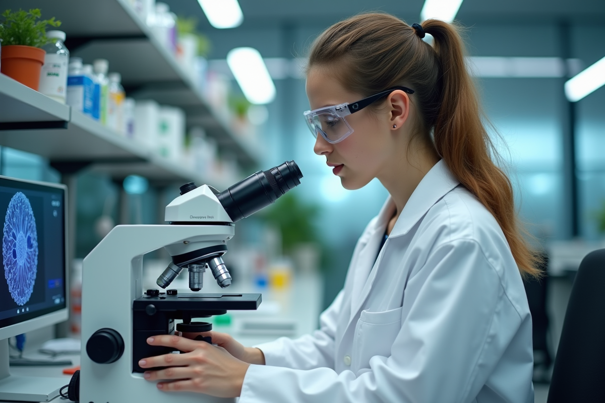 Jeune femme scientifique en laboratoire moderne avec microscope