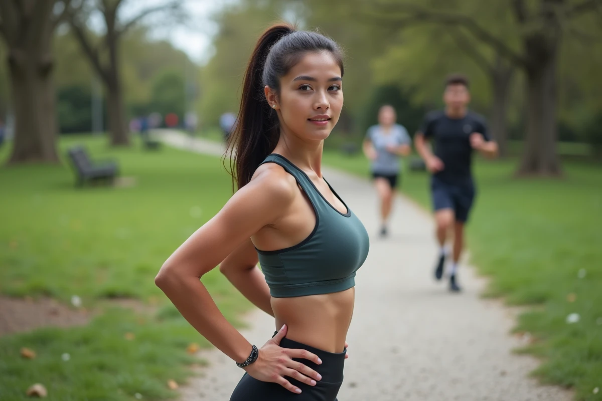 Jeune femme en tenue de sport en plein étirement en parc