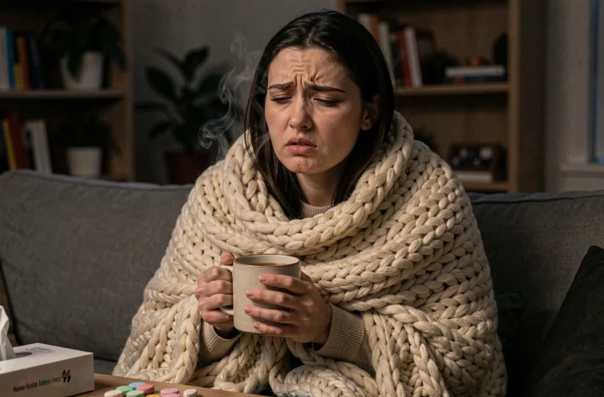Jeune femme enroulée dans un plaid sur un canapé la nuit tenant une tisane, symptômes de toux et manque de sommeil