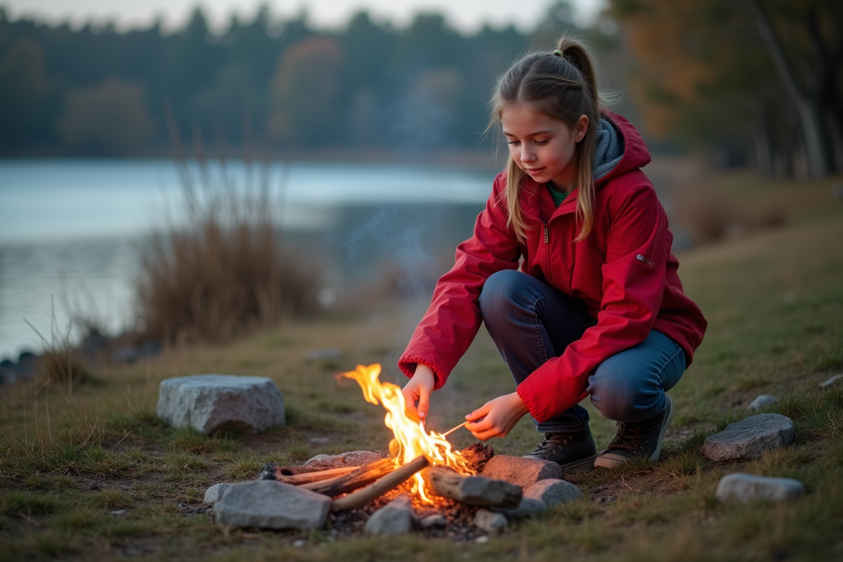 Jeune fille allumant un feu de camp en nature