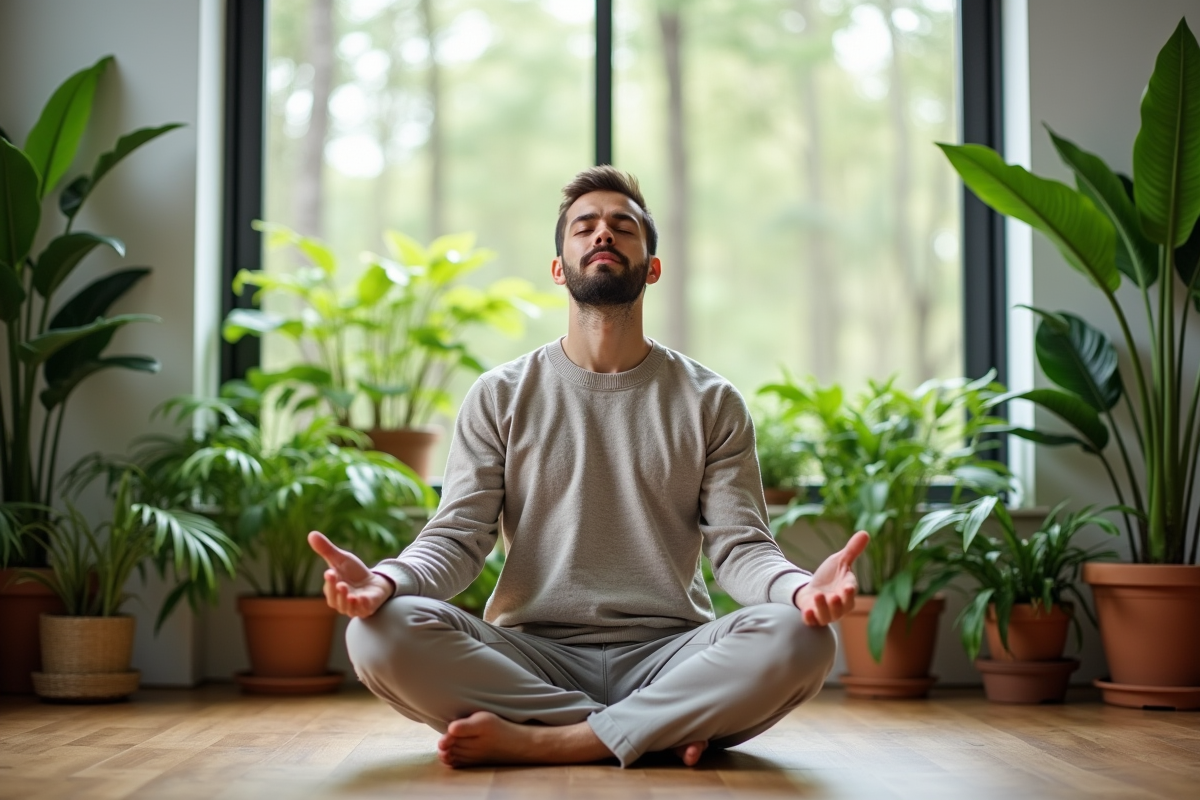 Jeune homme pratique la respiration près de plantes d
