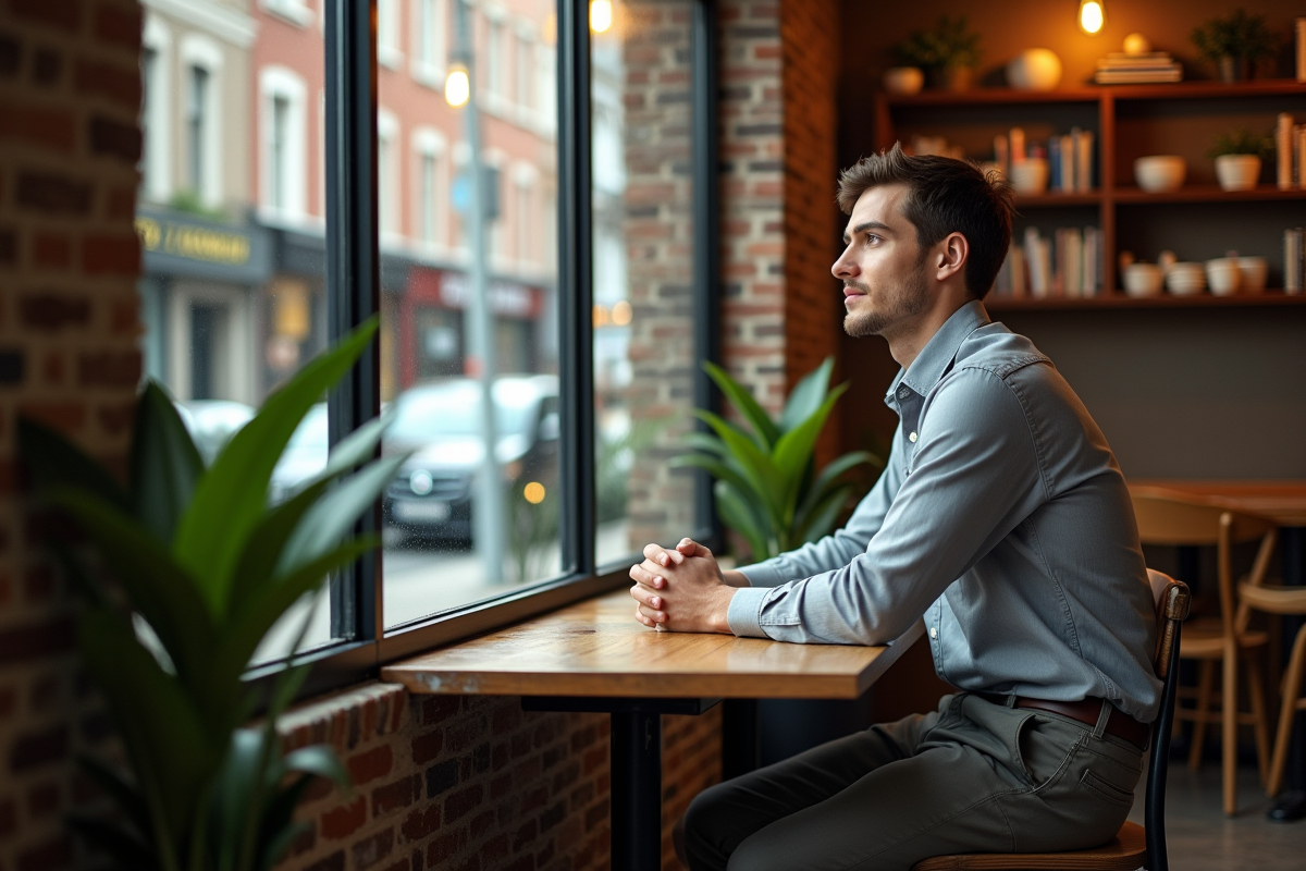 Jeune homme pensif dans un café avec vue sur la ville