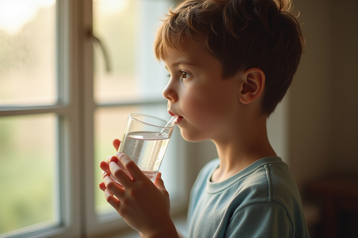 Jeune adulte tenant un glof water et un breathalyzer près d'une fenêtre ensoleillée