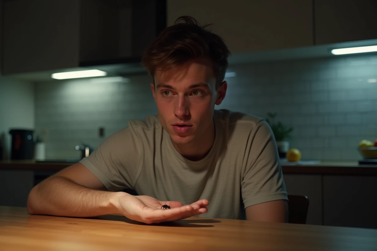 Jeune homme regarde une fourmi sur sa main