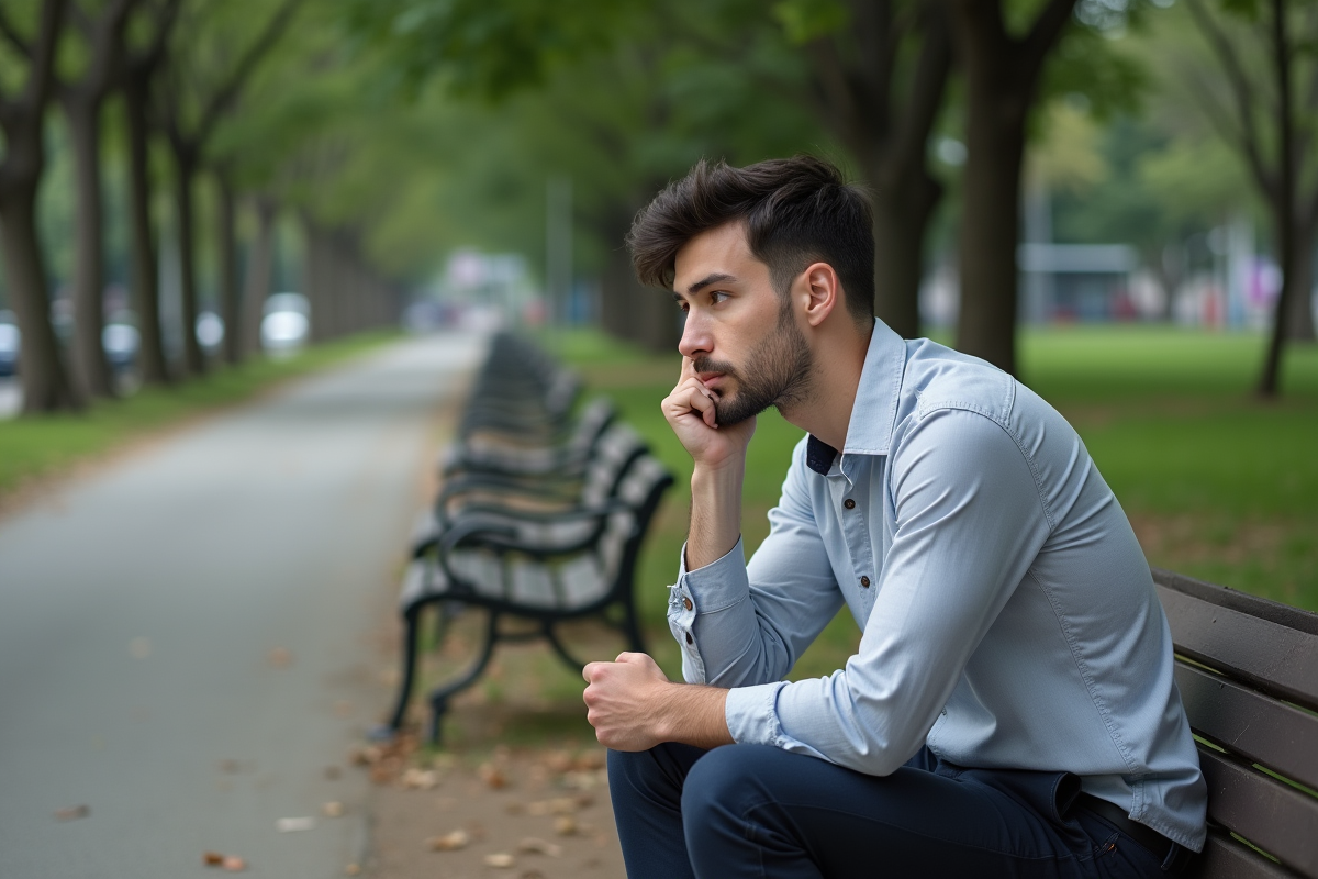 Jeune homme pensif assis sur un banc dans un parc