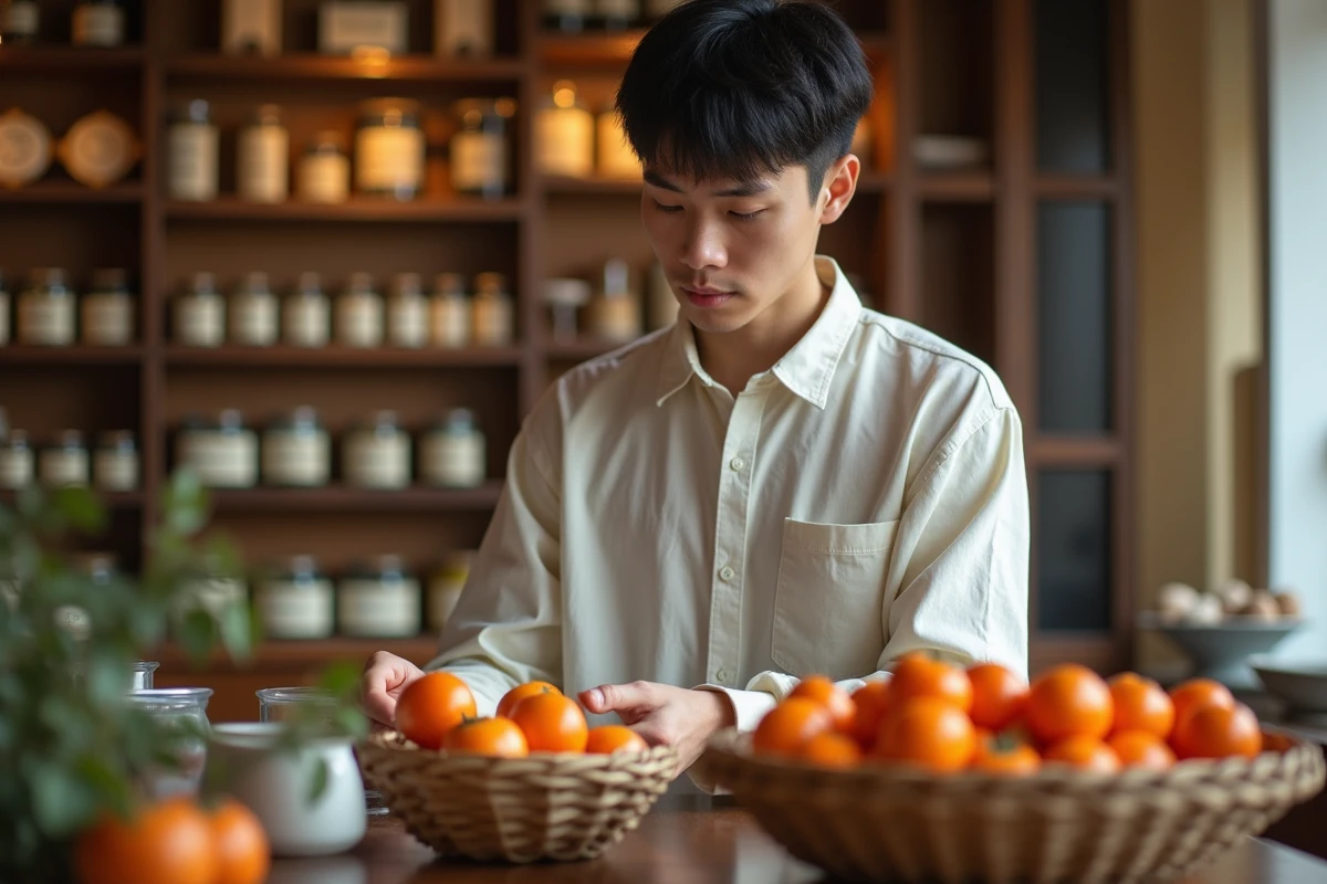 Jeune homme asiatique examinant des kakis dans une pharmacie