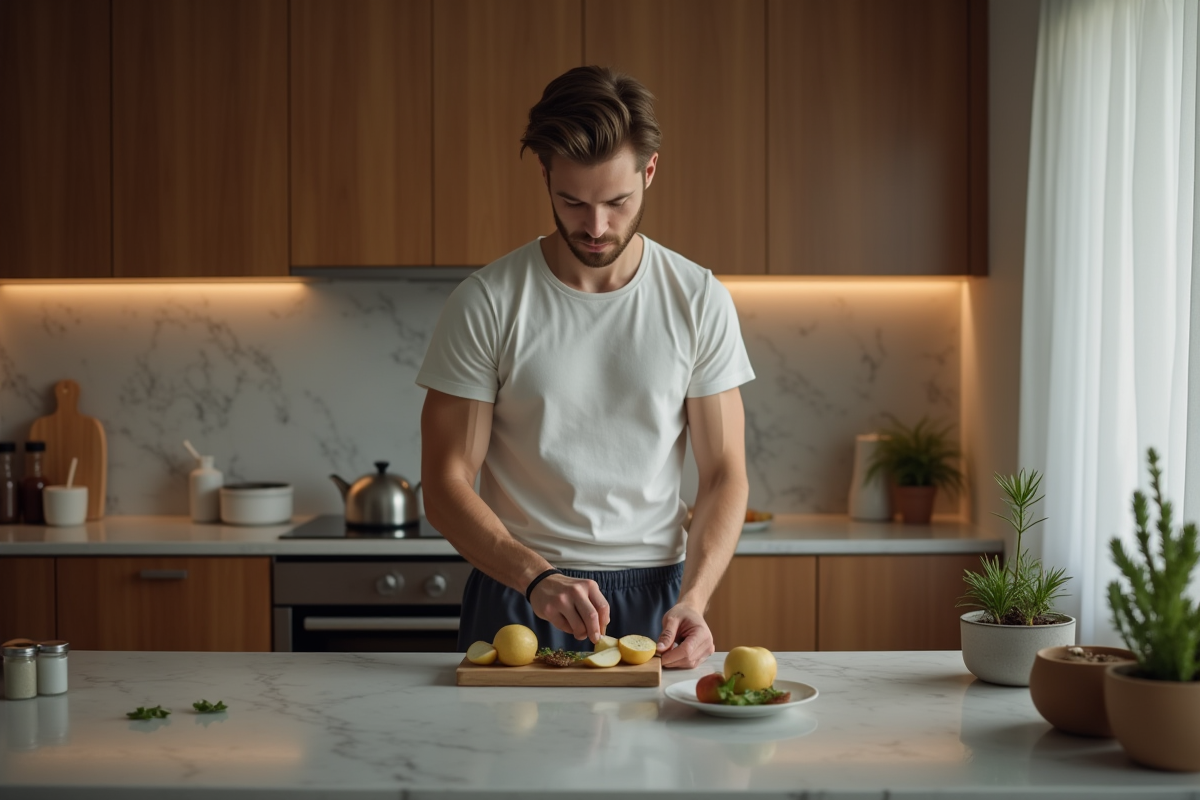 Jeune homme préparant du thé et tranchant une pomme dans la cuisine