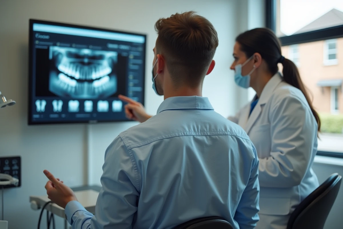 Jeune homme regarde un &eacute;cran de radiographie dentaire dans un cabinet