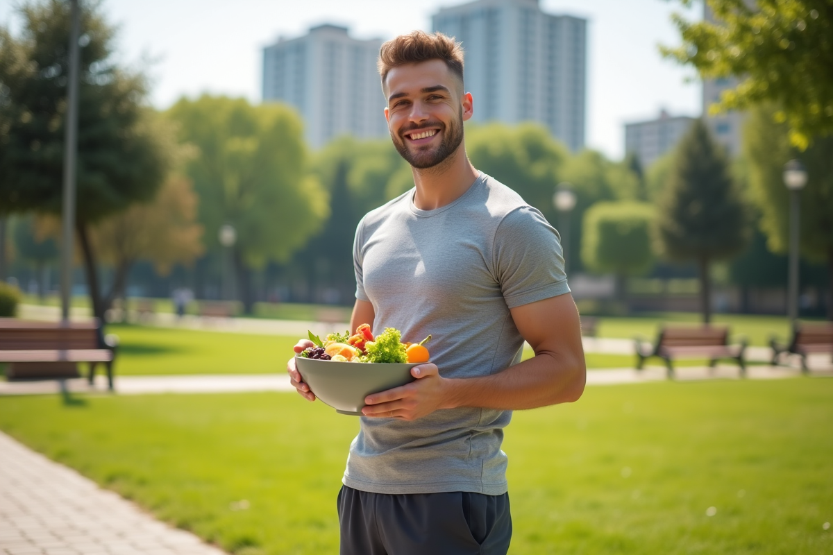 Jeune homme souriant avec salade dans un parc ensoleille