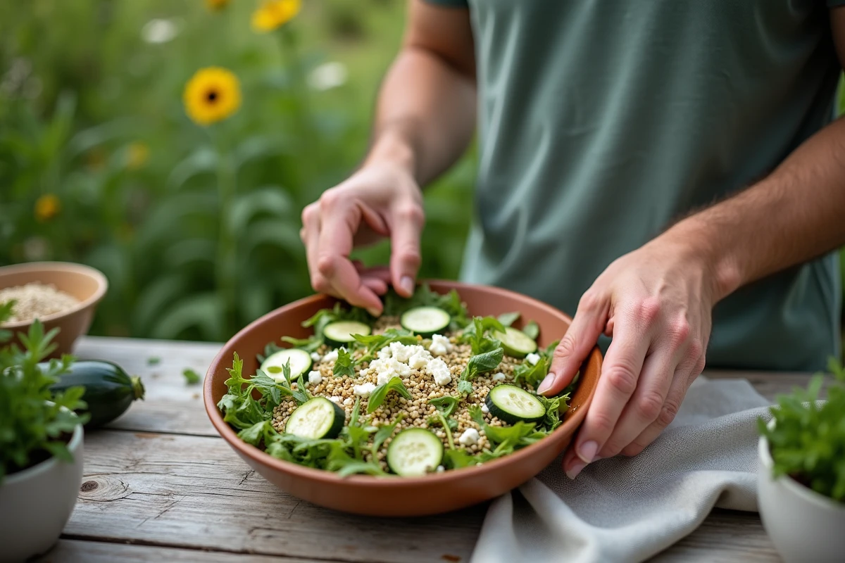 Jeune homme pr&eacute;parant une salade dans le jardin