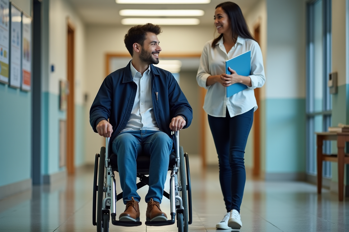 Jeune homme en fauteuil avec travailleur social dans un hall
