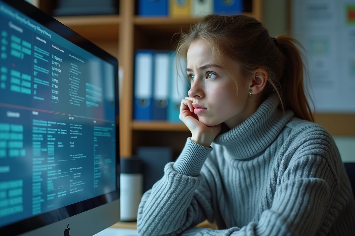 Jeune femme chercheuse regarde un &eacute;cran d