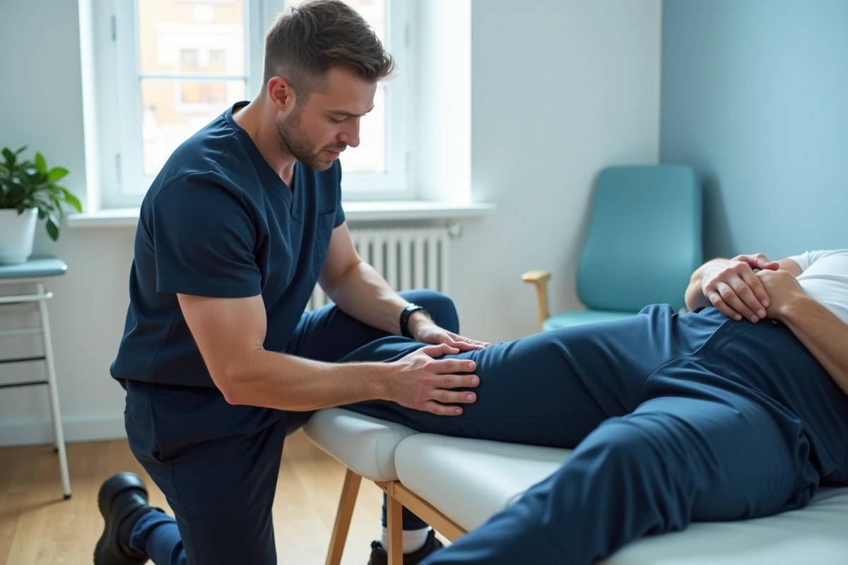 Kinésithérapeute effectuant un examen du creux poplité sur un patient allongé