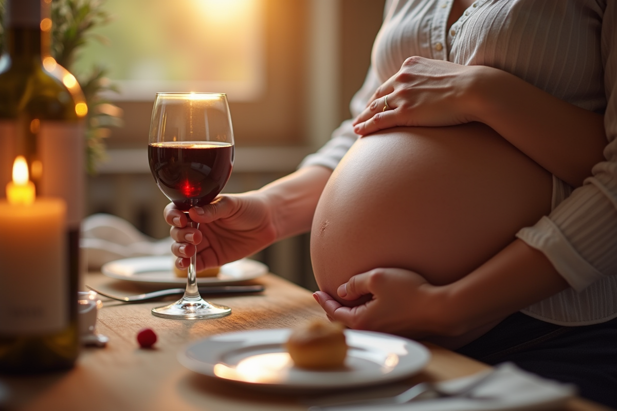 Mains enceintes refusant un verre de vin rouge au petit matin