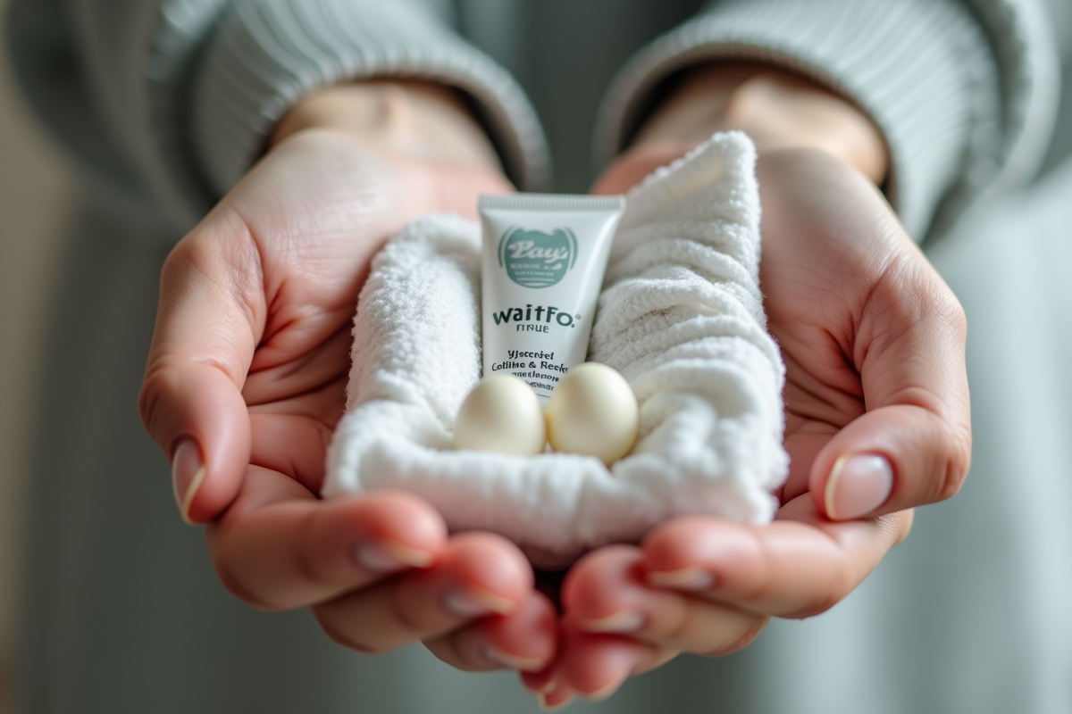 Mains tenant un kit de confort pour soins palliatifs