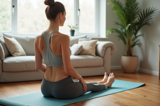 Jeune maman faisant des exercices de yoga à la maison