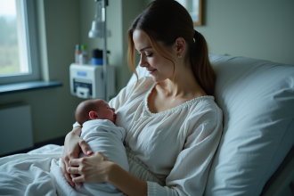 Jeune maman tenant son bébé dans une salle de maternité