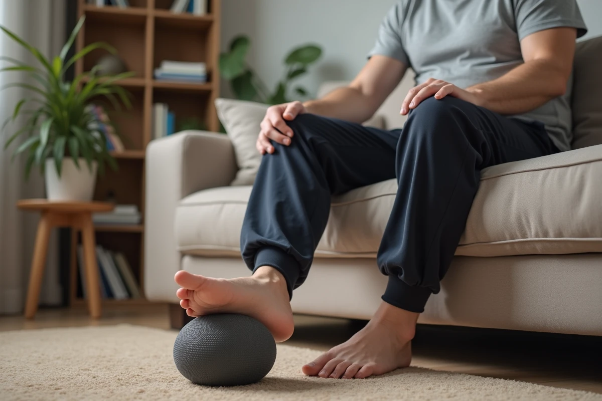 Homme massant le bord externe de son pied avec une balle de massage assis sur un canapé pour soulager la douleur