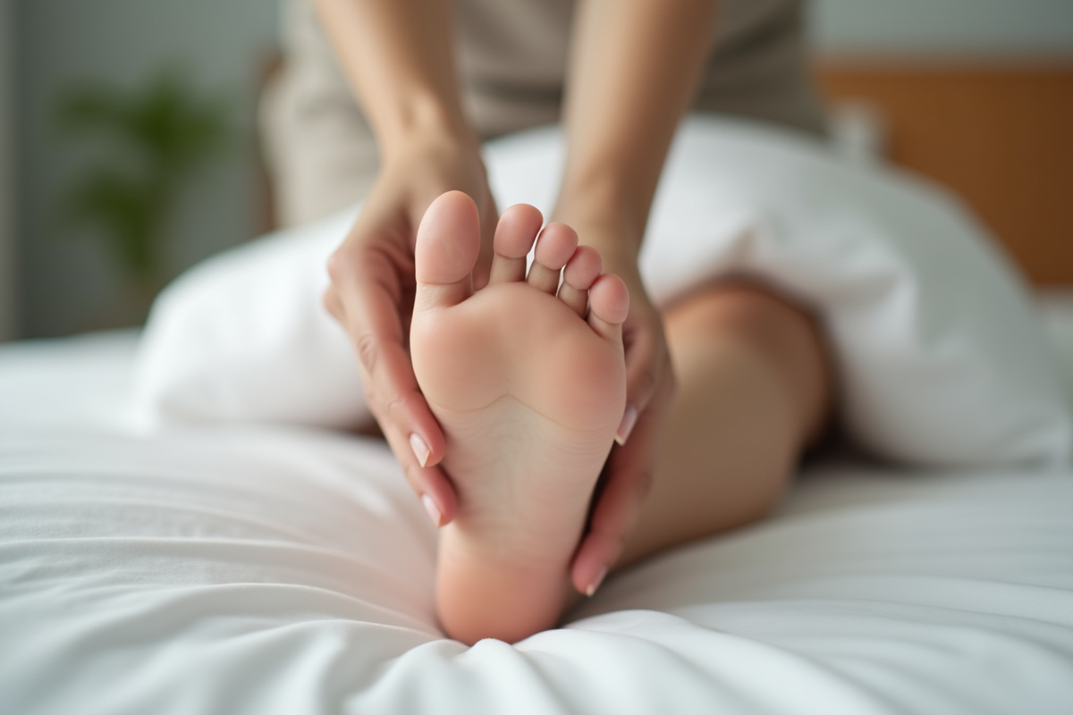 Gros plan sur un pied massé sur un lit blanc dans une chambre calme