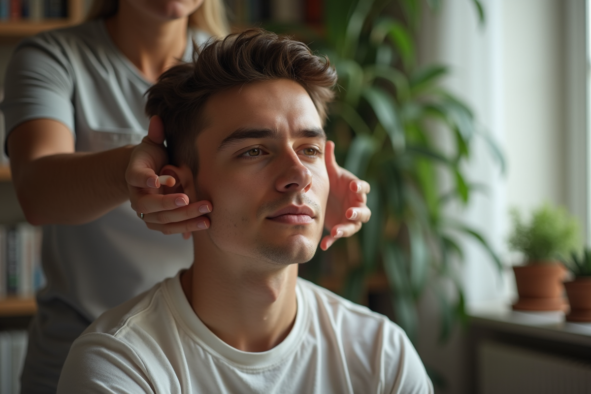 Jeune homme recevant un massage des tempes à la maison