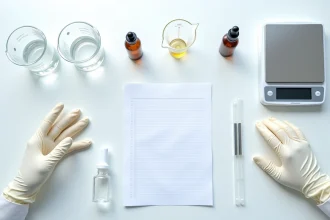 Matériel complet pour la préparation d'un sérum cosmétique maison disposé en flat lay sur une surface blanche de laboratoire