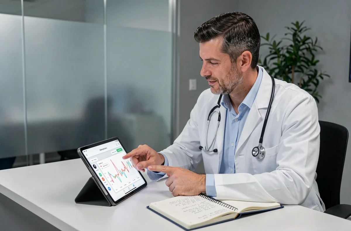 Médecin généraliste en cabinet montrant des données de suivi glycémique sur tablette numérique lors d'une téléconsultation